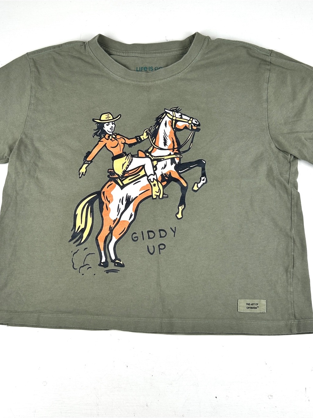 Life is Good crew neck Crusher t-shirt with Horse Cowgirl Giddy Up women’s Small